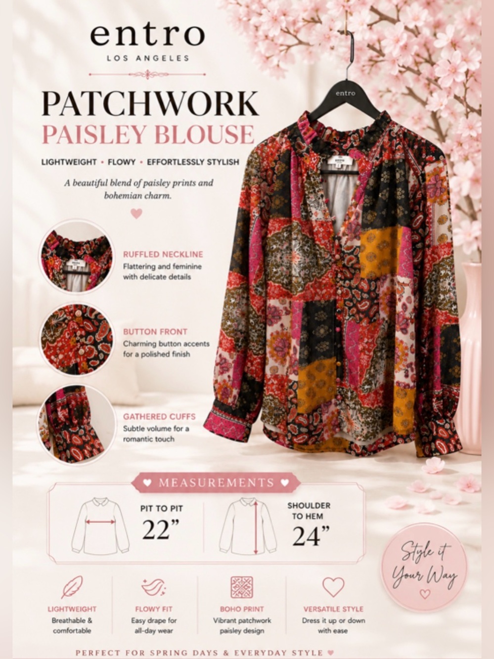Entro patchwork, long sleeve blouse